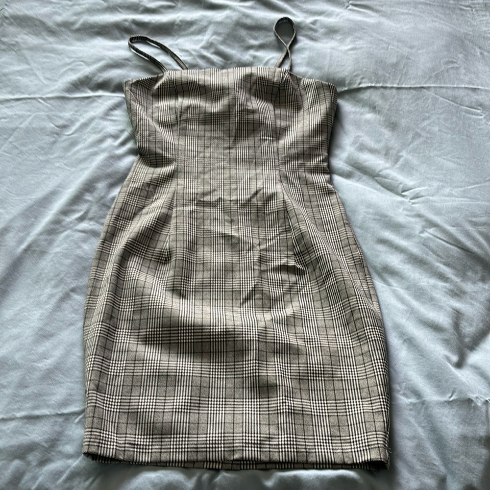 NUDE - black and white plaid mini dress with tie detail and open back